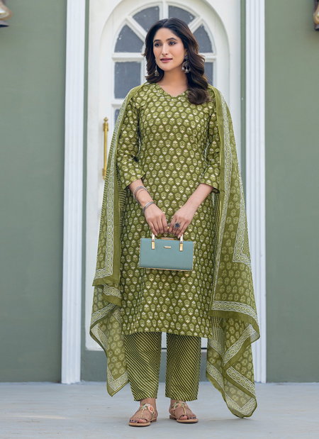 Mehendi Colour Cotton Blend With Print Kurti With Pant Dupatta Wholesale Market In Surat Aaradhna 2029
